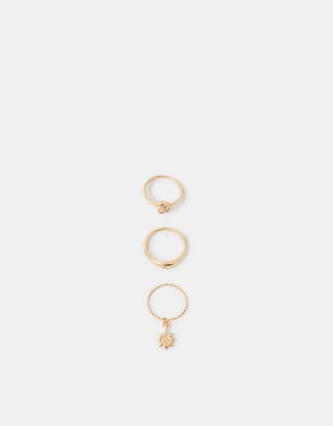 3-Pack Sun Charm Rings, Gold (GOLD), large