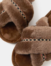 Fluffy Braid Crossover Slide Slippers, Brown (CHOCOLATE), large
