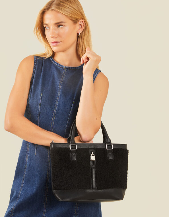 Faux Shearling Lock Tote Bag, , large