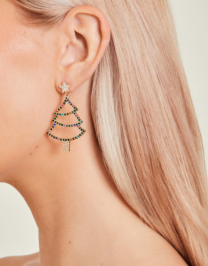 Gem Cut Out Christmas Tree Drop Earrings, , large