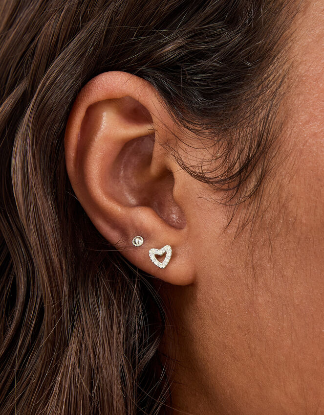 2-Pack Sterling Silver Heart Stud Earrings, , large
