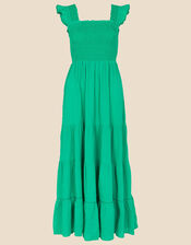 Frill Shoulder Shirred Midi Dress, Green (GREEN), large