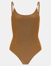 Metal Strap Shimmer Swimsuit, Gold (GOLD), large