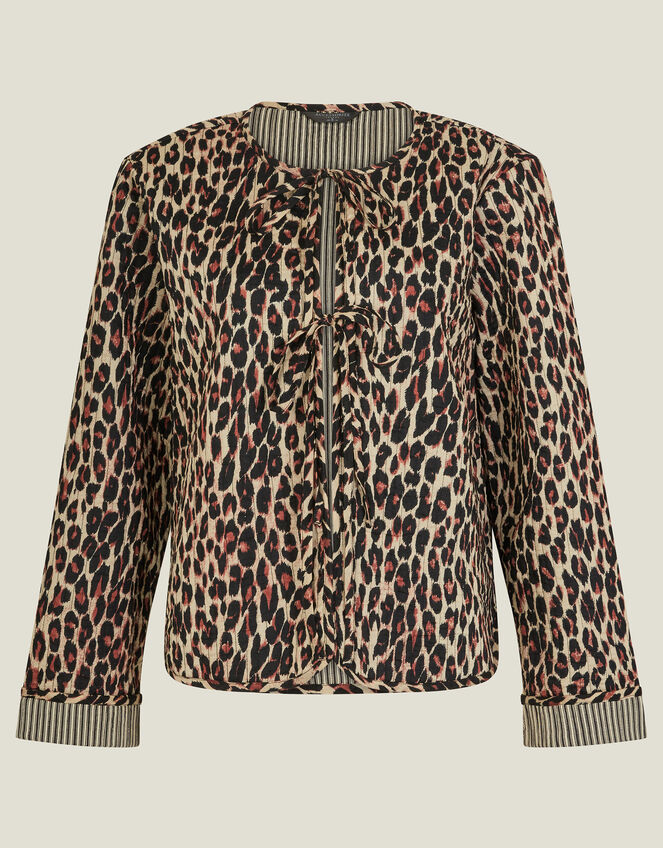 Leopard Print Tie-Front Quilted Jacket, Leopard (LEOPARD), large