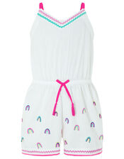 Embroidered Cotton Rainbow Playsuit, White (WHITE), large