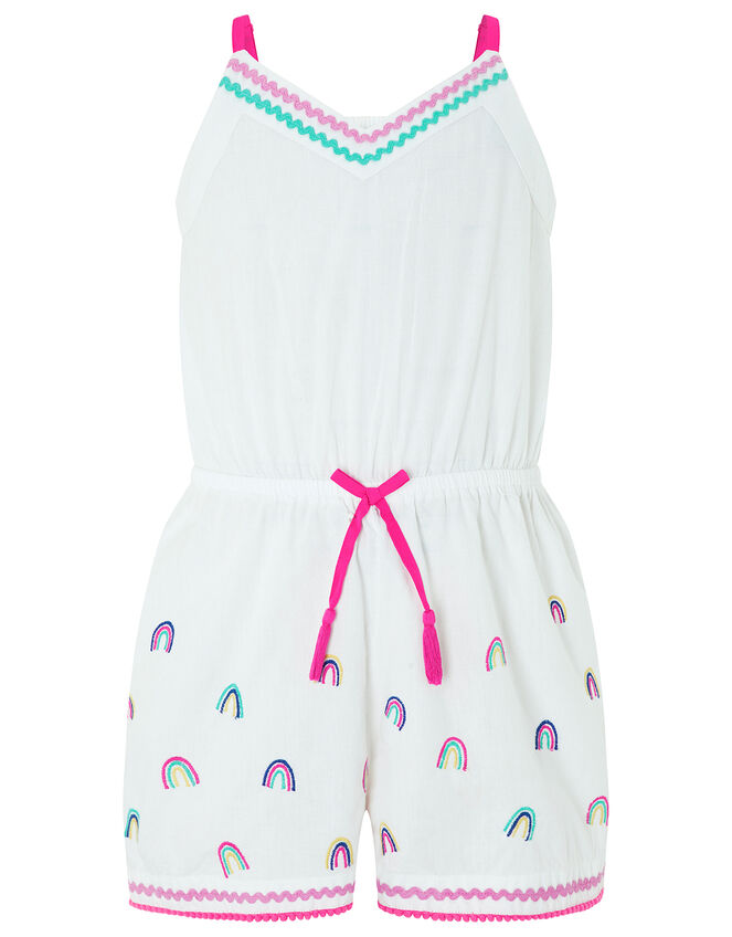 Embroidered Cotton Rainbow Playsuit, White (WHITE), large