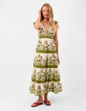 V-Neck Palm Print Tiered Maxi Dress, Ivory (IVORY), large