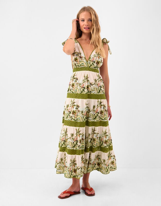 V-Neck Palm Print Tiered Maxi Dress, Ivory (IVORY), large