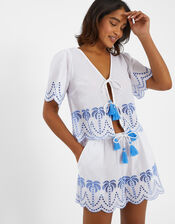 Palm Embroidered Tie Top, White (WHITE), large