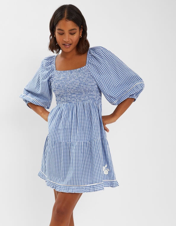 Puff-Sleeve Gingham Mini Dress, Blue (BLUE), large
