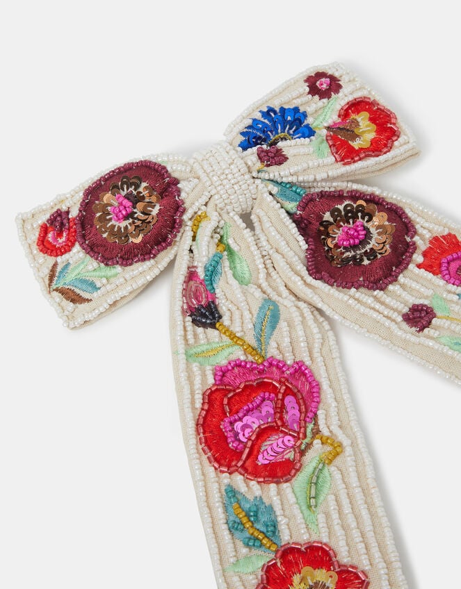 Beaded Floral Bow Barrette Hair Clip, , large