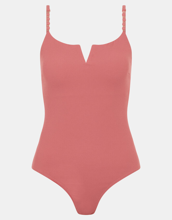 V Front Bead Strap Swimsuit , Orange (RUST), large