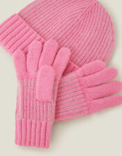 Girls Chunky Knit Beanie Hat and Gloves Set, Pink (PINK), large