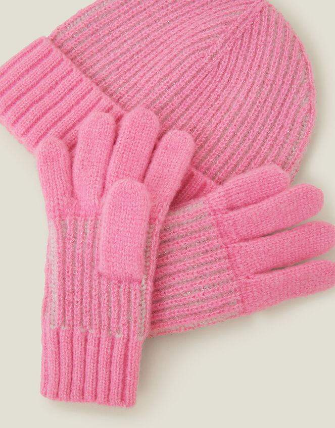 Girls Chunky Knit Beanie Hat and Gloves Set, Pink (PINK), large