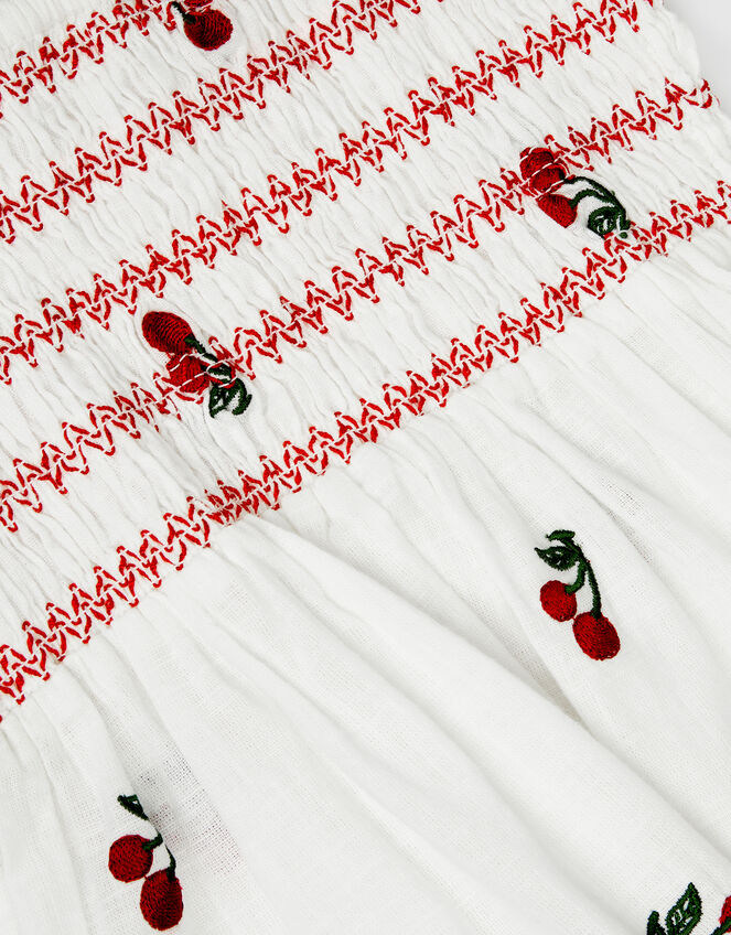 Girls Cherry Embroidered Cotton Dress, White (WHITE), large