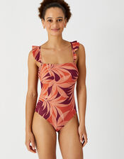 Palm Print Frill Strap Swimsuit, Orange (RUST), large