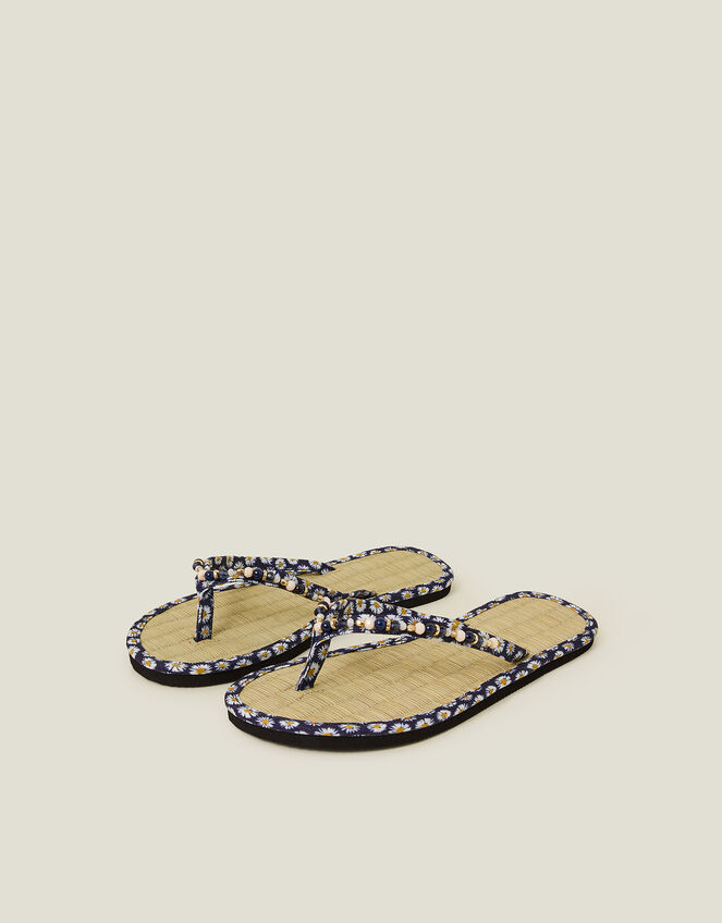 Daisy Print Seagrass Footbed Sandals, Blue (NAVY), large