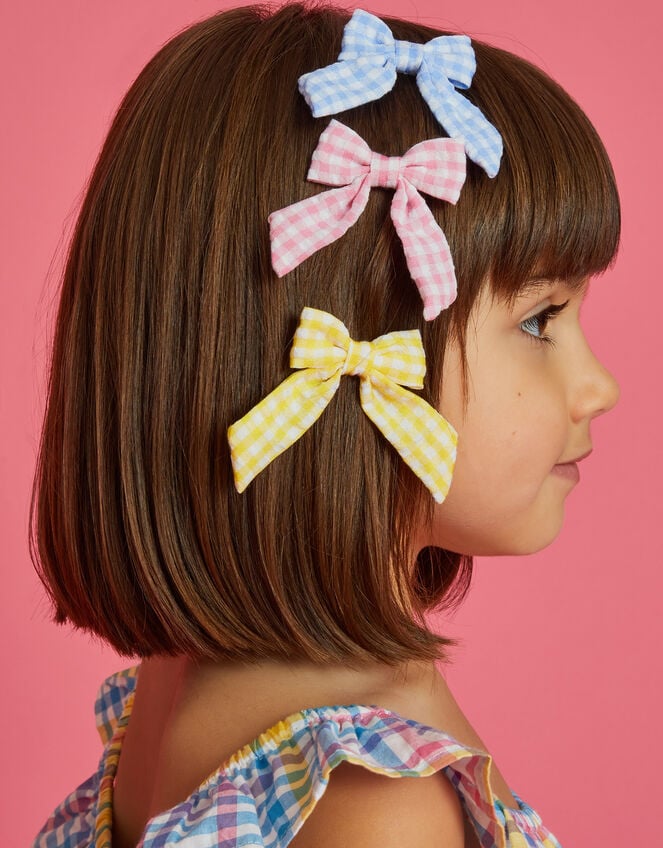 3-Pack Girls Gingham Bow Hair Clips, , large