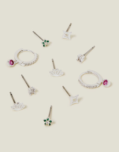 5-Pack Sterling Silver-Plated Sparkle Stud and Hoop Earrings, , large