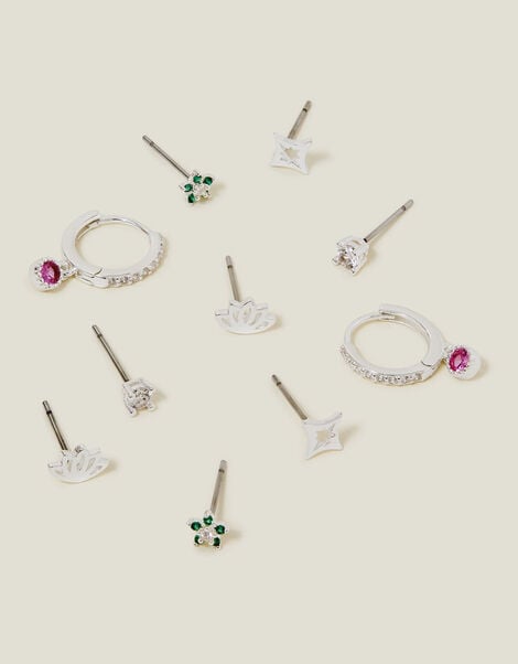 5-Pack Sterling Silver-Plated Sparkle Stud and Hoop Earrings, , large