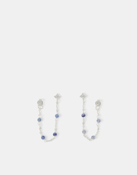 Sterling Silver-Plated Blue Quartz Chain Stud Earrings, , large