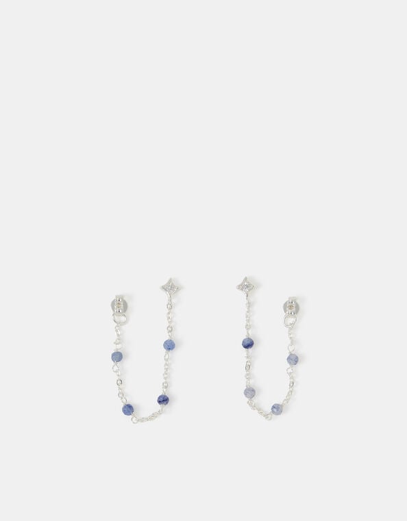 Sterling Silver-Plated Blue Quartz Chain Stud Earrings, , large
