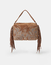 Embroidered Fringe Suede Bag, , large