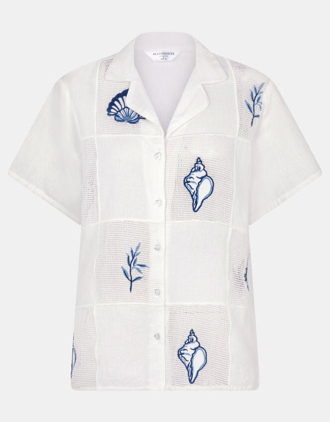 Shell Embroidered Patchwork Shirt, Ivory (IVORY), large