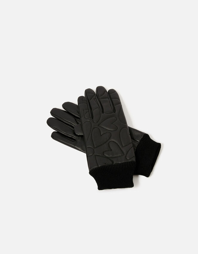 Heart Embossed Leather Gloves, Black (BLACK), large