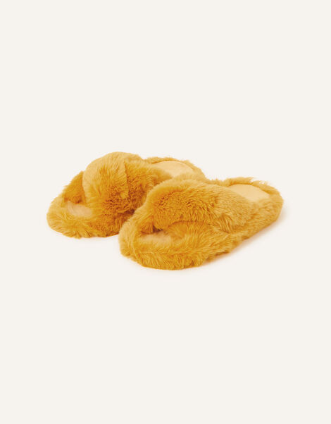 Faux Fur Crossover Sliders, Yellow (OCHRE), large