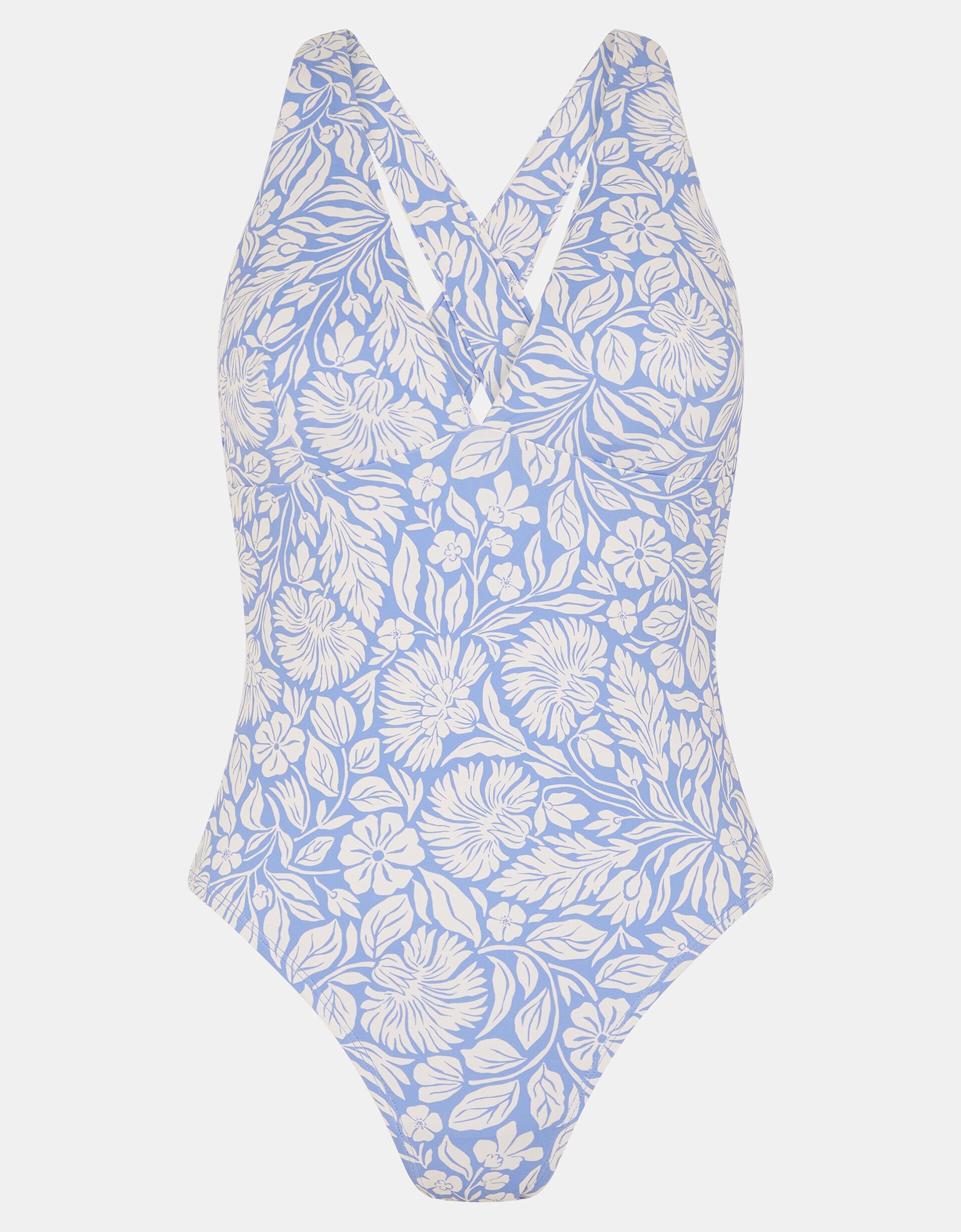 Floral Print Cross-Back Plunge Swimsuit, Blue (BLUE), large