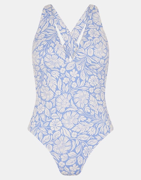 Floral Print Cross-Back Plunge Swimsuit, Blue (BLUE), large
