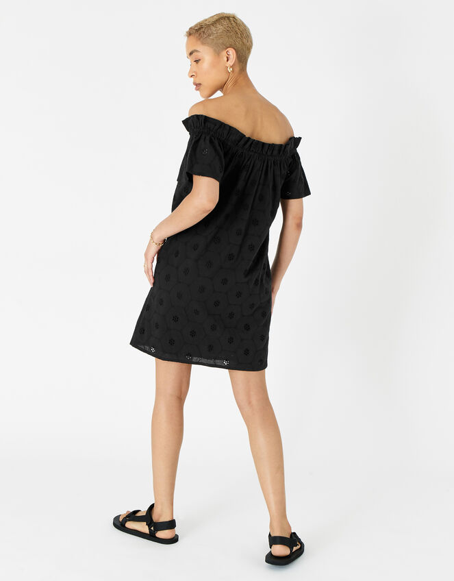 Schiffli Bardot Dress in Organic Cotton, Black (BLACK), large