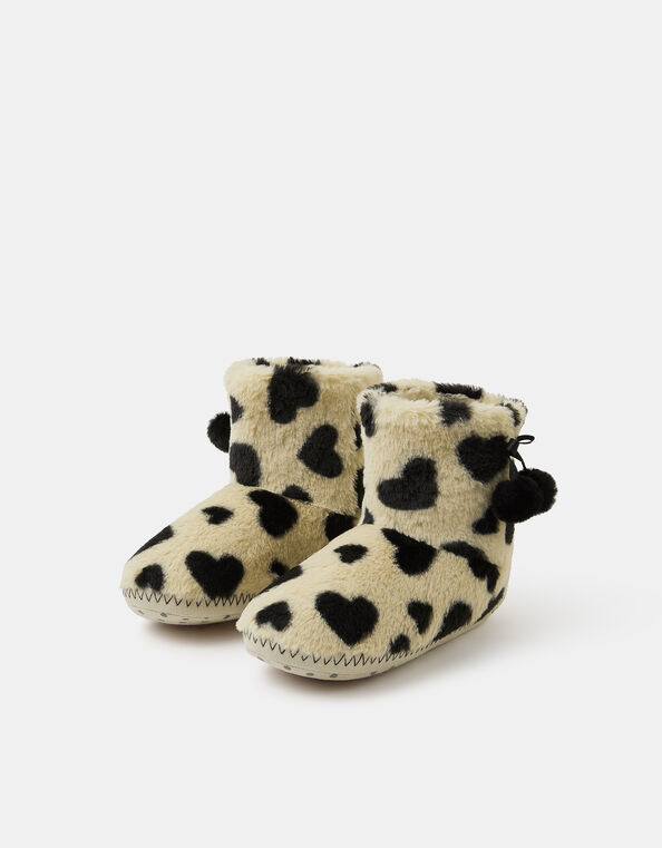 Fluffy Heart Print Slipper Boots, Black (BLACK WHITE), large
