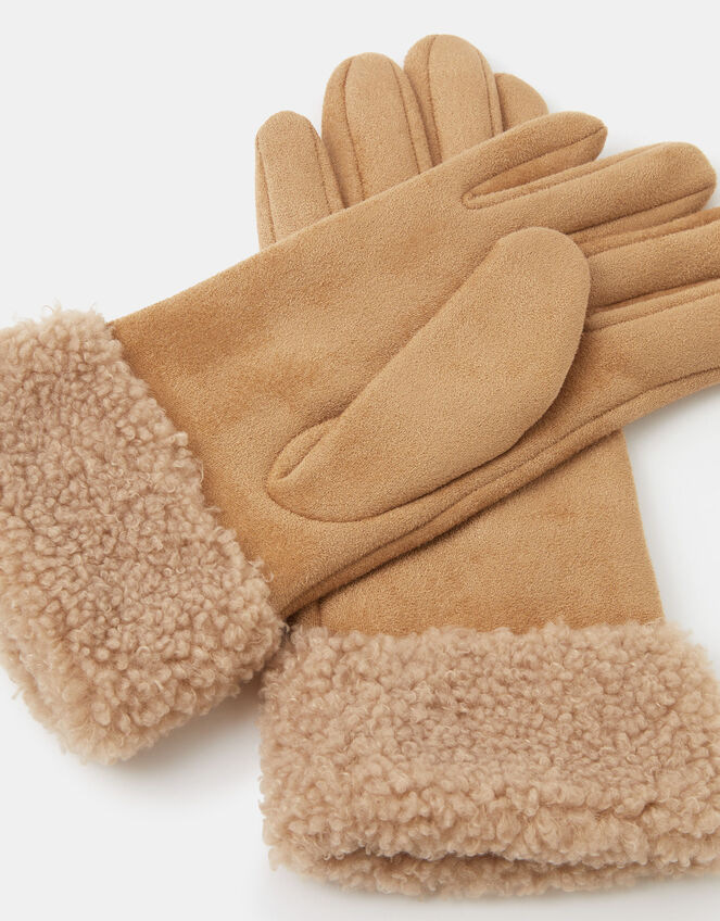 Faux Shearling Cuff Gloves, Tan (TAN), large