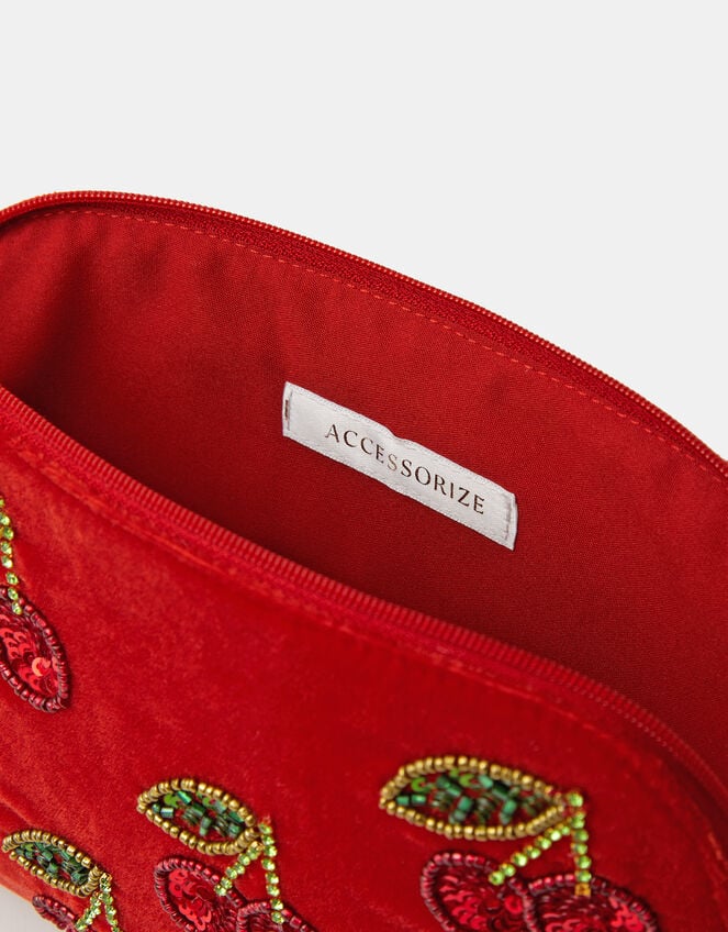 Embellished Cherry Velvet Pouch, , large
