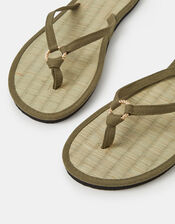 Ring Detail Seagrass Flip Flops, Green (KHAKI), large