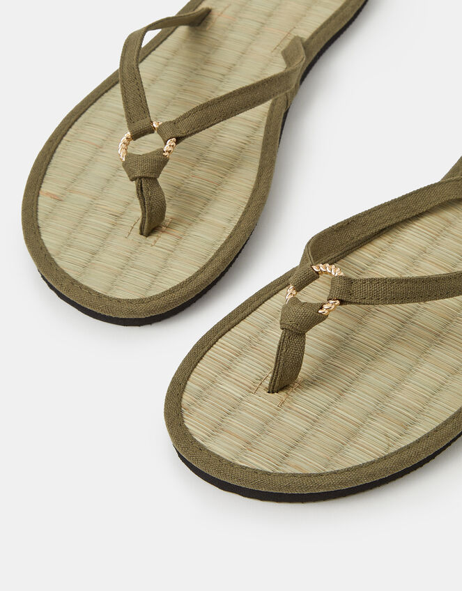 Ring Detail Seagrass Flip Flops, Green (KHAKI), large