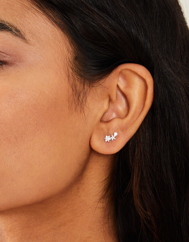 Sterling Silver-Plated Sparkle Flower Climber Earrings, , large