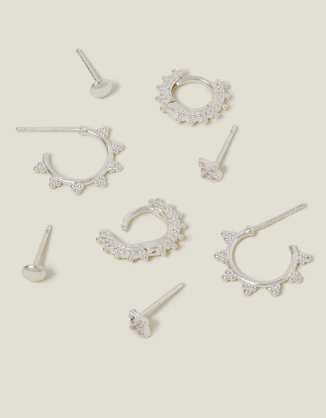 4-Pack Sterling Silver-Plated Stud and Bobble Hoop Earrings, , large
