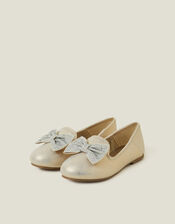 Girls Diamante Bow Metallic Ballet Flats, Gold (GOLD), large