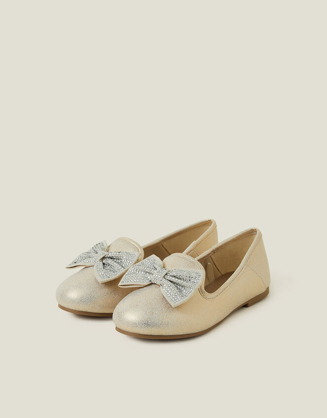 Girls Diamante Bow Metallic Ballet Flats, Gold (GOLD), large