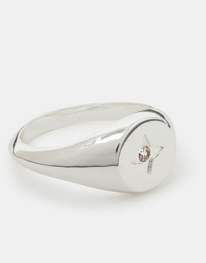 Sterling Silver-Plated Star Diamanté Signet Ring, Silver (ST SILVER), large
