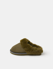 Faux Fur Lined Mule Slippers, Green (KHAKI), large