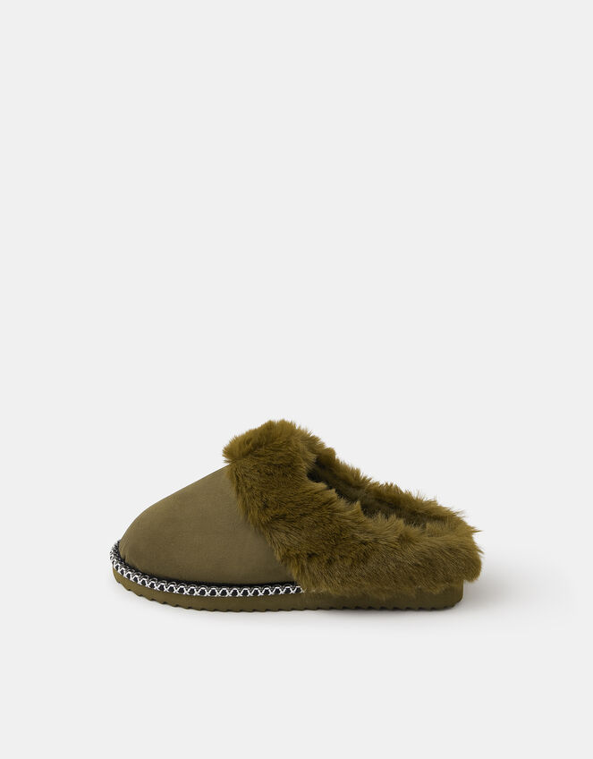 Faux Fur Lined Mule Slippers, Green (KHAKI), large