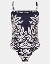 Floral Print Bandeau Swimsuit, Blue (NAVY), large