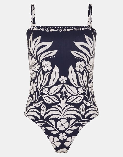 Floral Print Bandeau Swimsuit, Blue (NAVY), large