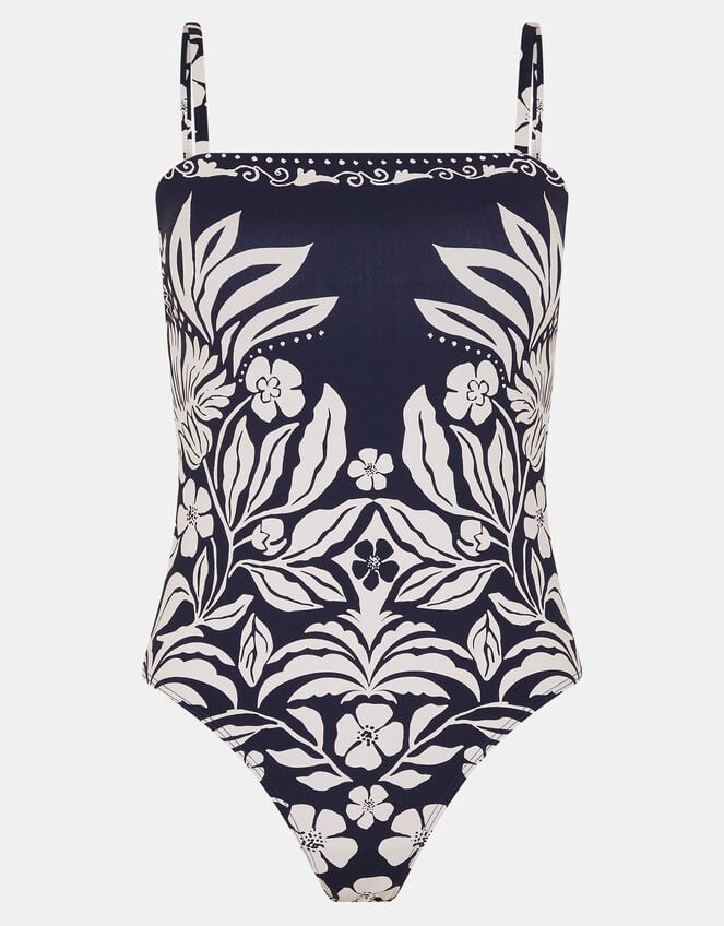 Floral Print Bandeau Swimsuit, Blue (NAVY), large