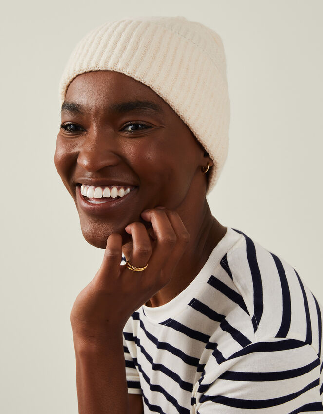 Knitted Rib Check Beanie Hat, Natural (NATURAL), large