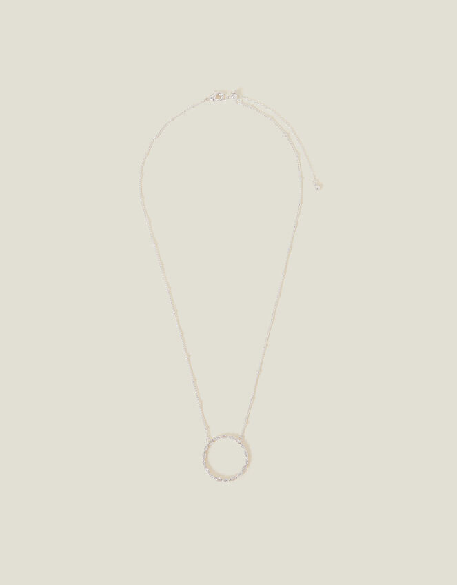 Sterling Silver-Plated Diamante Circle Pendant Necklace, , large